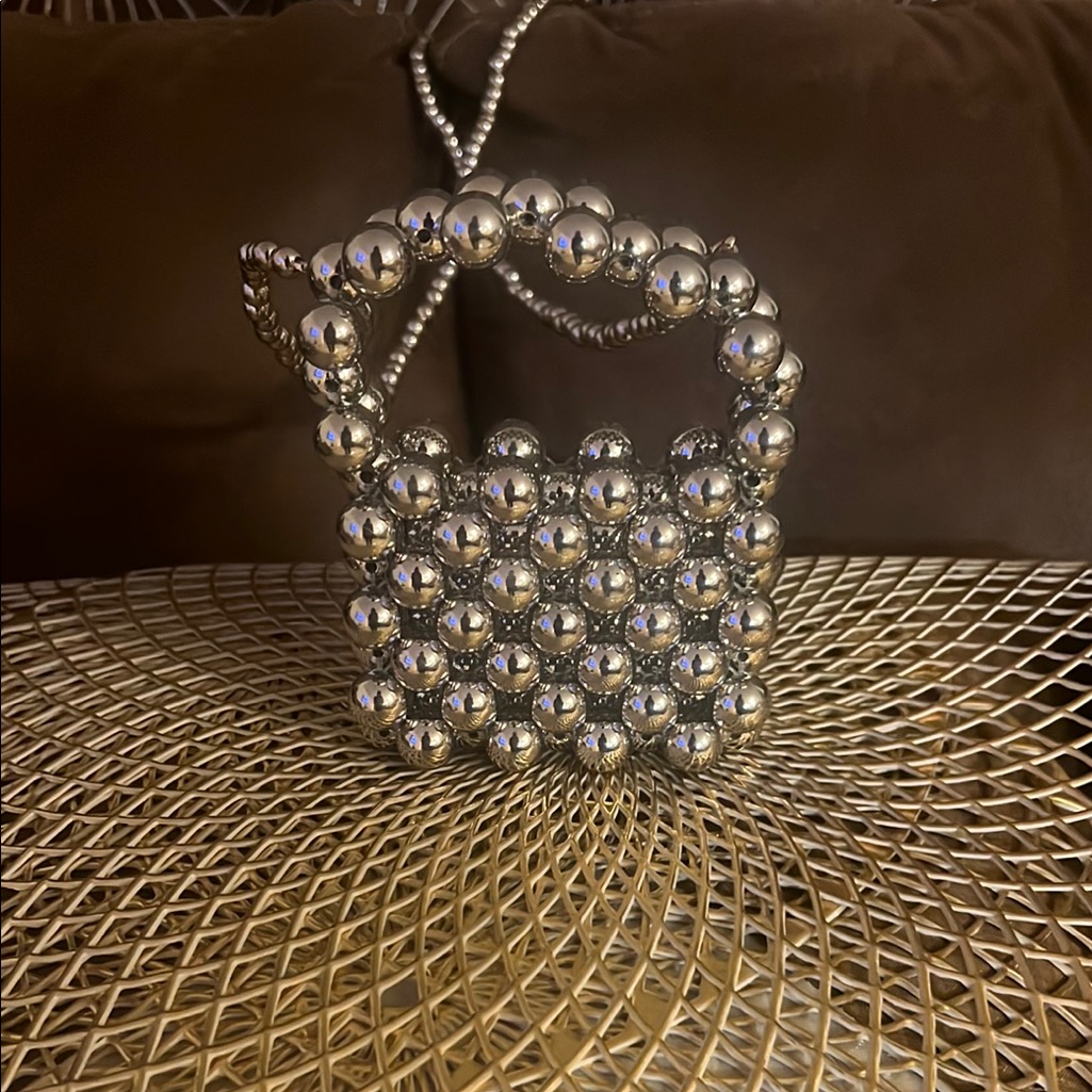 Shimmering Silver Mini Bag With Beaded Design
